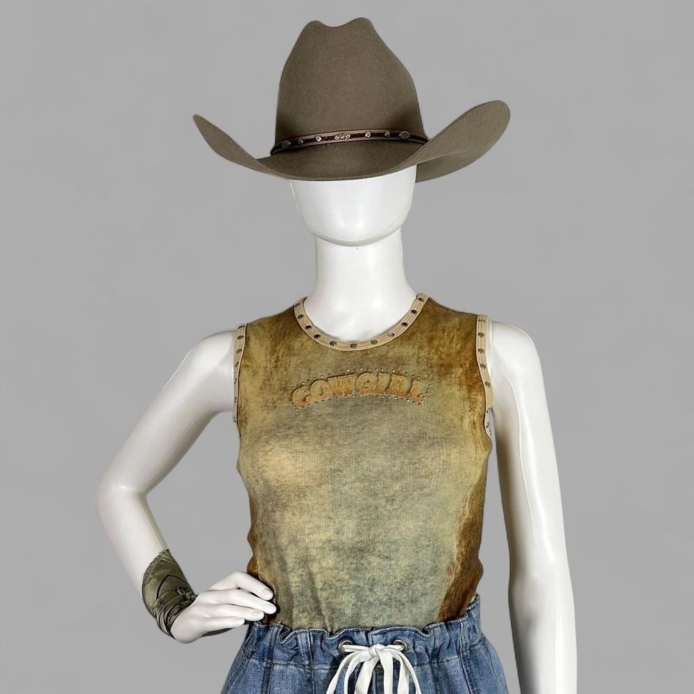 Vintage Cowgirl Rhinestone Studded Tank‎ Top Y2K Western Rodeo Country Size S